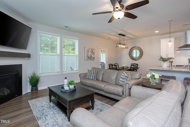 1048 Flagler St, Durham, NC 27713 - living area featuring dark wood-style flooring, ceiling fan, crown molding, a fireplace, and baseboards