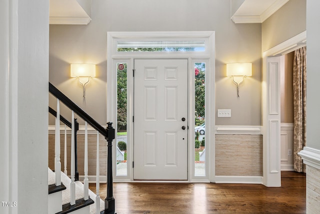 101 Parkbow Ct, Cary, NC 27519 - entryway with wood finished floors, crown molding, and stairs