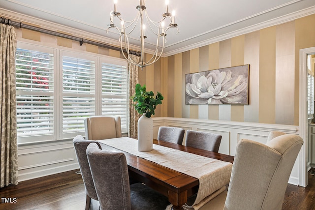 101 Parkbow Ct, Cary, NC 27519 - dining room featuring a chandelier, ornamental molding, wallpapered walls, and dark wood-type flooring