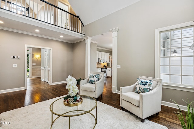 101 Parkbow Ct, Cary, NC 27519 - living area with decorative columns, dark wood finished floors, high vaulted ceiling, crown molding, and recessed lighting