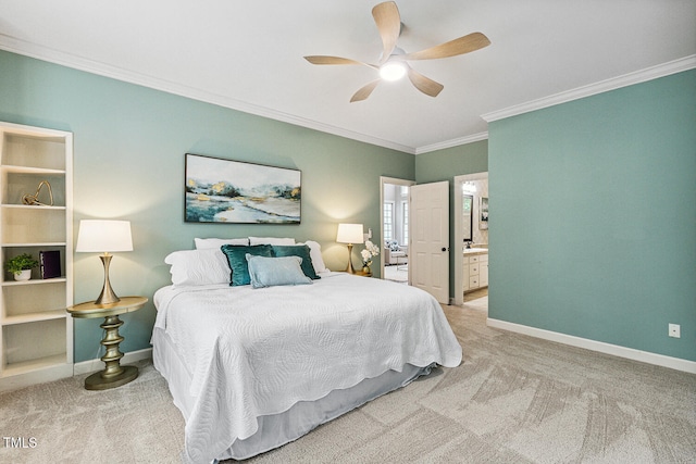 101 Parkbow Ct, Cary, NC 27519 - bedroom featuring carpet floors, ornamental molding, connected bathroom, and ceiling fan