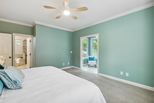 101 Parkbow Ct, Cary, NC 27519 - bedroom with crown molding, carpet, a ceiling fan, and ensuite bathroom