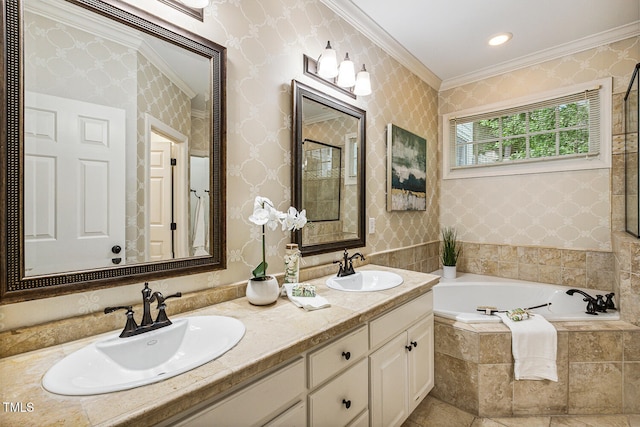 101 Parkbow Ct, Cary, NC 27519 - bathroom featuring crown molding, a garden tub, and double vanity