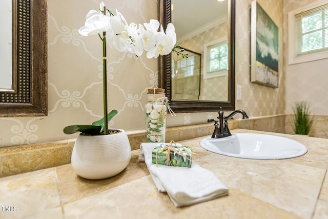 101 Parkbow Ct, Cary, NC 27519 - bathroom featuring crown molding, wallpapered walls, and vanity