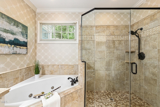 101 Parkbow Ct, Cary, NC 27519 - full bath featuring ornamental molding, a tub with jets, a stall shower, and wallpapered walls