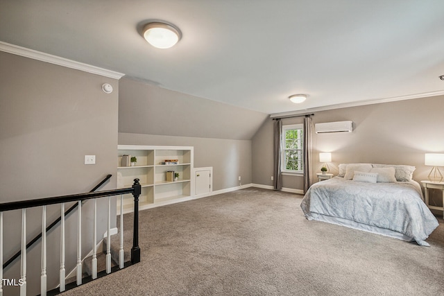 101 Parkbow Ct, Cary, NC 27519 - carpeted bedroom featuring a wall mounted air conditioner and vaulted ceiling
