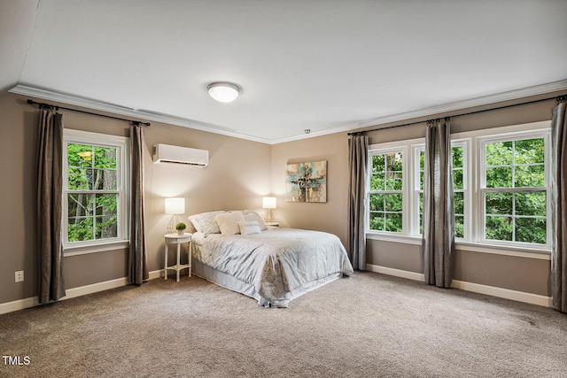101 Parkbow Ct, Cary, NC 27519 - bedroom with a wall mounted AC, crown molding, carpet flooring, and multiple windows