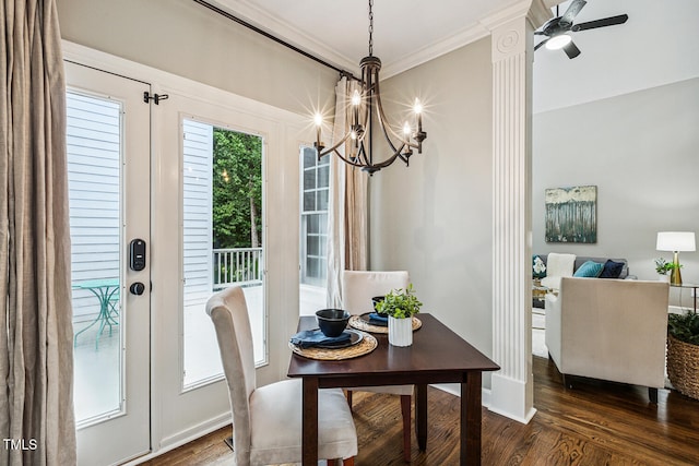 101 Parkbow Ct, Cary, NC 27519 - dining area featuring a chandelier, crown molding, dark wood-style flooring, and a ceiling fan