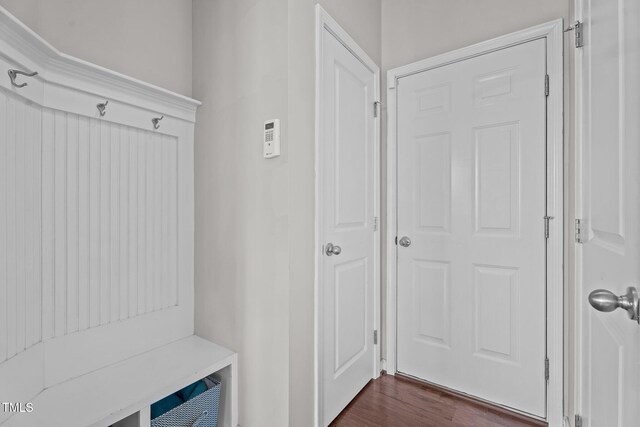 mudroom featuring dark wood-style flooring