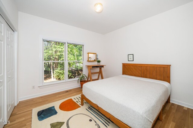bedroom featuring wood finished floors, a closet, and baseboards
