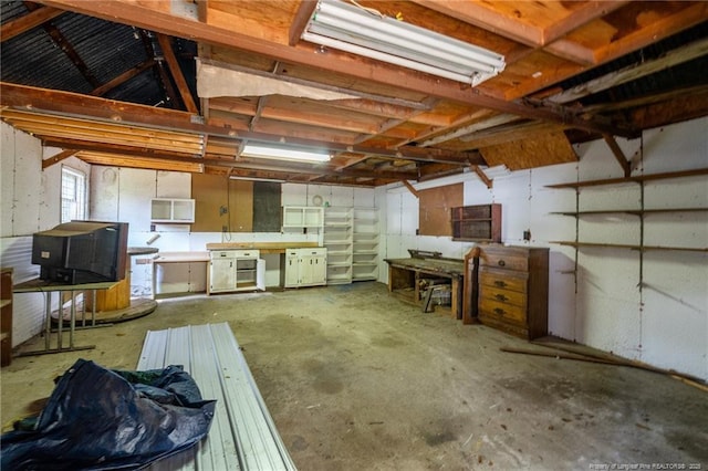 basement with a workshop area