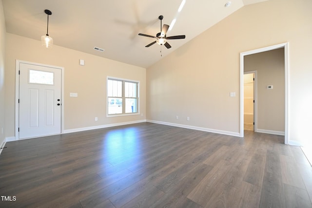 unfurnished living room with a ceiling fan, dark wood-style flooring, baseboards, and high vaulted ceiling