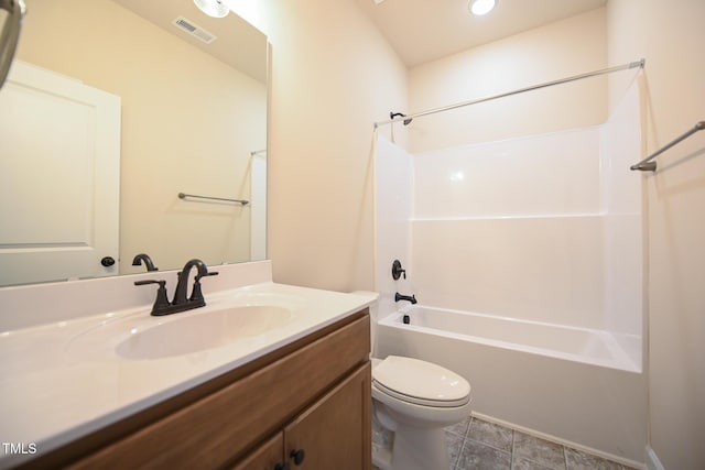 full bathroom with toilet, vanity, shower / tub combination, and recessed lighting