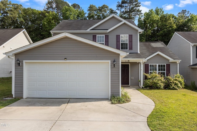 traditional-style house with driveway, a front lawn, an attached garage, and a shingled roof