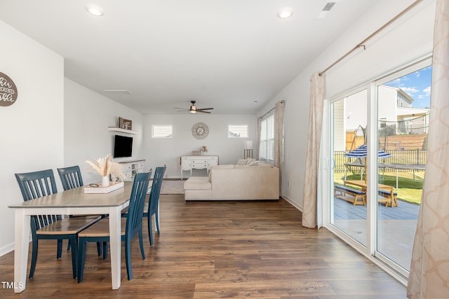 19 Cecina Ct, Clayton, NC 27527 - dining room featuring a ceiling fan, dark wood-type flooring, recessed lighting, and baseboards