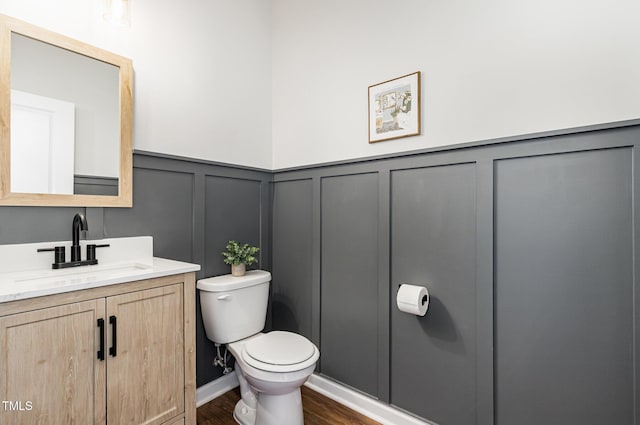 19 Cecina Ct, Clayton, NC 27527 - bathroom with a decorative wall, toilet, wood finished floors, vanity, and a wainscoted wall