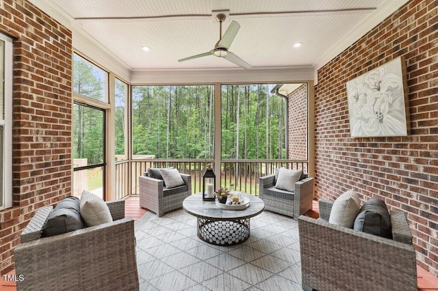 sunroom with an outdoor hangout area and a ceiling fan