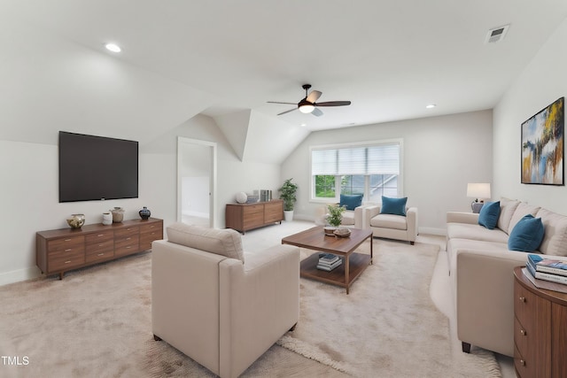living area with light carpet, ceiling fan, recessed lighting, baseboards, and lofted ceiling