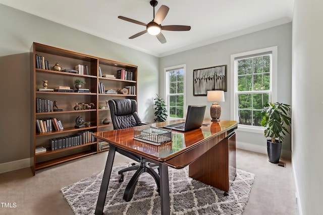 office featuring a ceiling fan, baseboards, light colored carpet, and crown molding