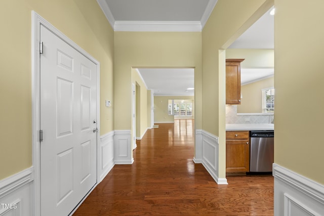 hallway with ornamental molding, wainscoting, healthy amount of natural light, dark wood-style flooring, and a decorative wall