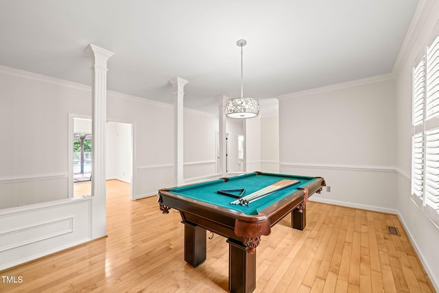 1514 Lawrence Rd, Creedmoor, NC 27522 - playroom with light wood-style floors, ornamental molding, decorative columns, pool table, and baseboards