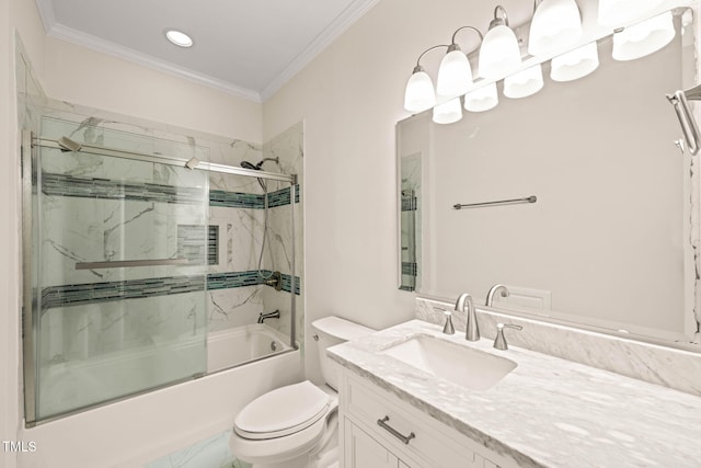 1514 Lawrence Rd, Creedmoor, NC 27522 - full bathroom featuring vanity, toilet, combined bath / shower with glass door, ornamental molding, and recessed lighting