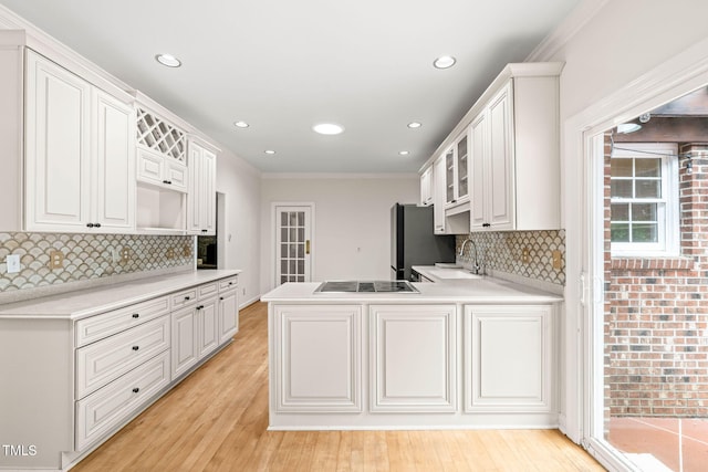 1514 Lawrence Rd, Creedmoor, NC 27522 - kitchen with glass insert cabinets, a sink, freestanding refrigerator, tasteful backsplash, and a peninsula