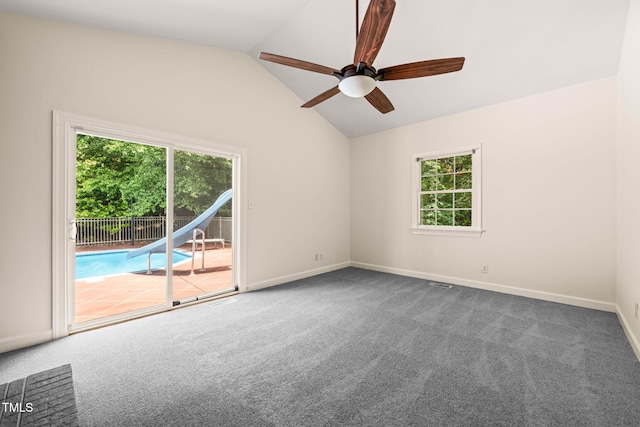 1514 Lawrence Rd, Creedmoor, NC 27522 - unfurnished room with a ceiling fan, carpet floors, lofted ceiling, and baseboards