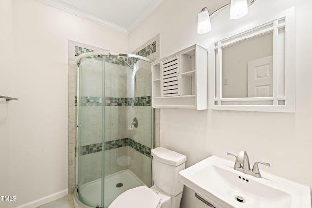 1514 Lawrence Rd, Creedmoor, NC 27522 - full bathroom with a stall shower, a sink, ornamental molding, and toilet