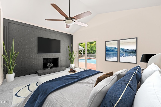1514 Lawrence Rd, Creedmoor, NC 27522 - carpeted bedroom with access to exterior, vaulted ceiling, a brick fireplace, and a ceiling fan