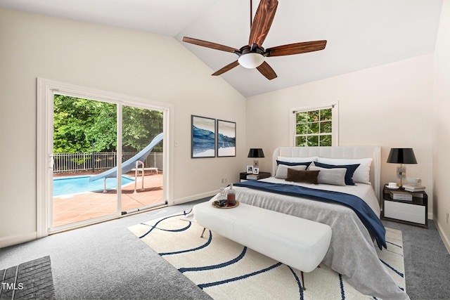 1514 Lawrence Rd, Creedmoor, NC 27522 - bedroom featuring access to outside, vaulted ceiling, carpet flooring, baseboards, and a ceiling fan