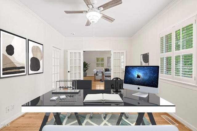 1514 Lawrence Rd, Creedmoor, NC 27522 - office with french doors, wood finished floors, baseboards, crown molding, and ceiling fan