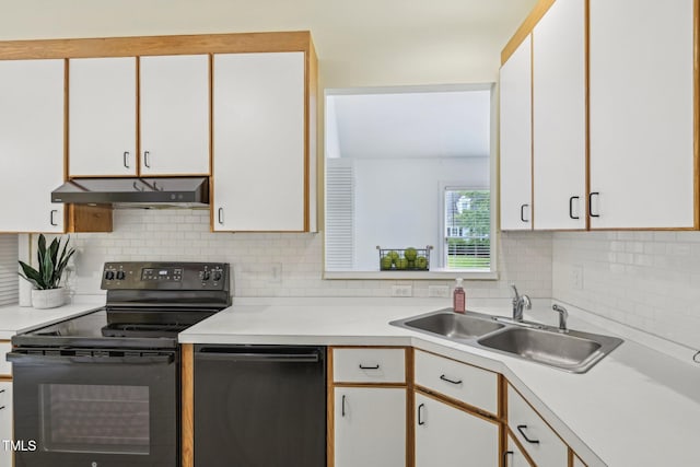 1102 Laurens Way, Knightdale, NC 27545 - kitchen featuring black electric range, under cabinet range hood, a sink, light countertops, and dishwashing machine
