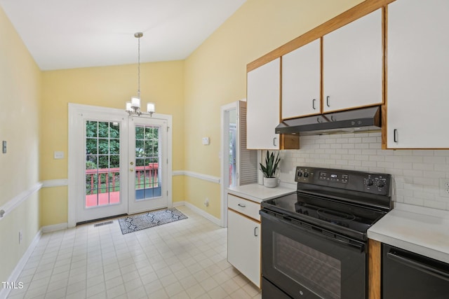 1102 Laurens Way, Knightdale, NC 27545 - kitchen featuring black / electric stove, under cabinet range hood, tasteful backsplash, a chandelier, and white cabinetry