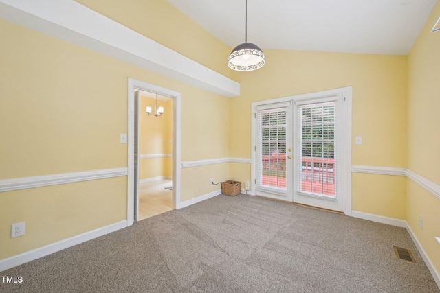 1102 Laurens Way, Knightdale, NC 27545 - carpeted spare room featuring vaulted ceiling, a chandelier, and baseboards