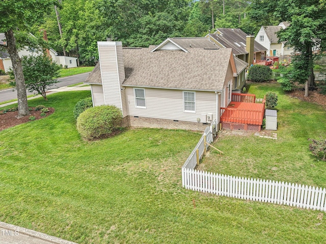 1102 Laurens Way, Knightdale, NC 27545 - view of side of home featuring crawl space, roof with shingles, a wooden deck, and a chimney
