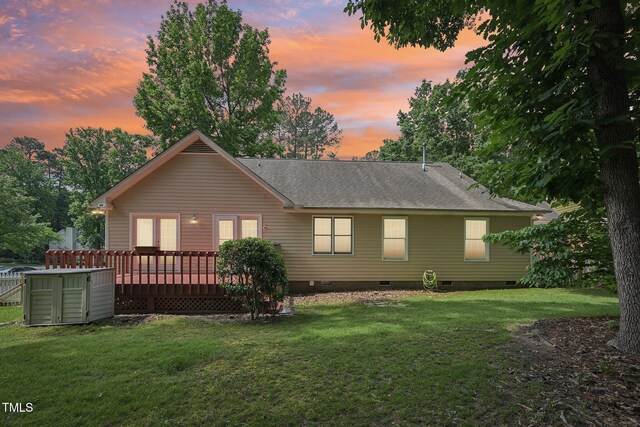1102 Laurens Way, Knightdale, NC 27545 - back of property with crawl space, a wooden deck, a shingled roof, and a yard