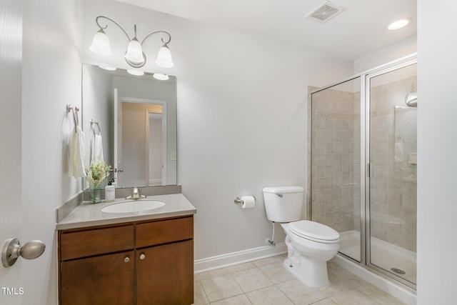 full bath with tile patterned floors, toilet, a shower stall, and vanity