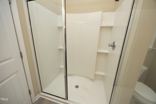 bathroom with a shower stall and toilet