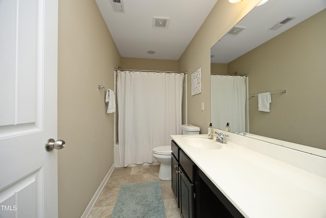 bathroom featuring toilet, vanity, baseboards, and curtained shower
