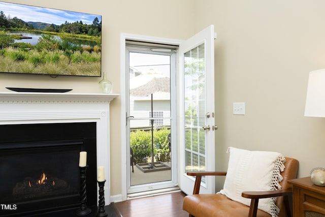 doorway featuring a lit fireplace and dark wood finished floors