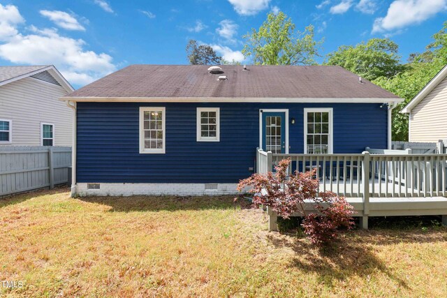 1508 Malta Ave, Raleigh, NC 27610 - back of property with crawl space, a wooden deck, and a shingled roof