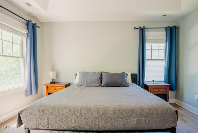 bedroom featuring wood finished floors, multiple windows, and baseboards