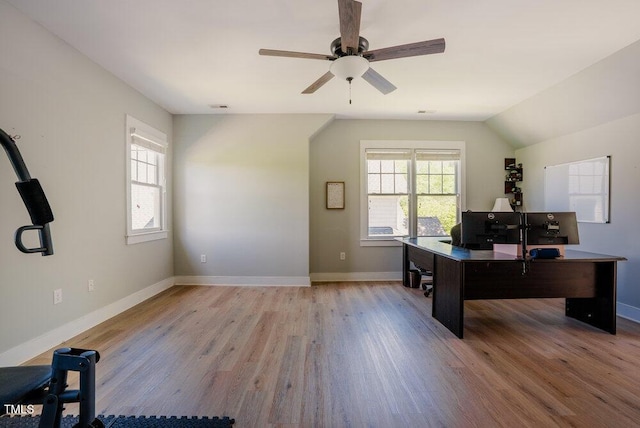 office featuring ceiling fan, light wood finished floors, and baseboards