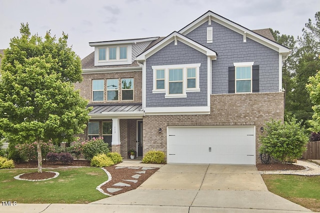 craftsman-style home with brick siding, concrete driveway, and an attached garage