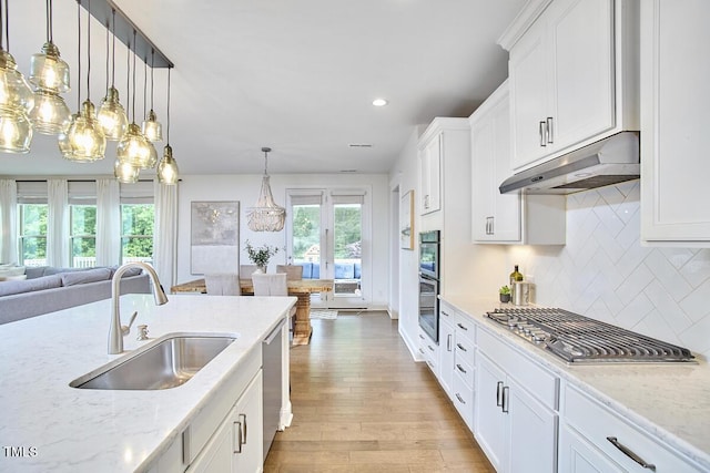 kitchen featuring under cabinet range hood, a sink, appliances with stainless steel finishes, light wood-type flooring, and backsplash