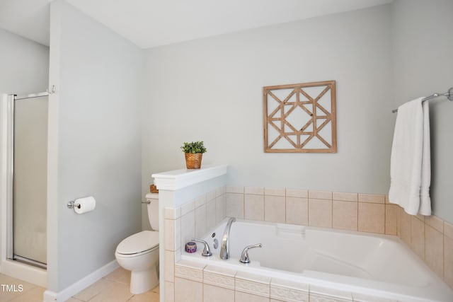full bathroom featuring a stall shower, toilet, a bath, tile patterned flooring, and baseboards