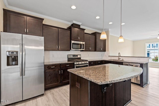 1027 Myers Point Dr, Morrisville, NC 27560 - kitchen featuring stainless steel appliances, a sink, light wood-style floors, crown molding, and dark brown cabinets
