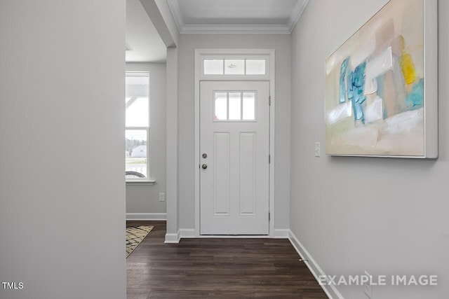 1412 Main St, Lillington, NC 27546 - entryway with crown molding, healthy amount of natural light, dark wood finished floors, and baseboards