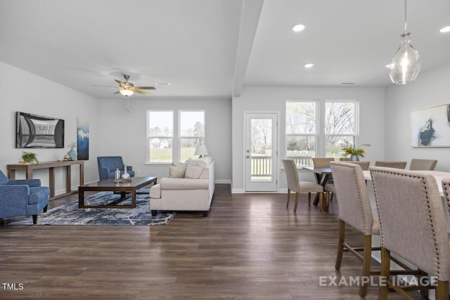 1412 Main St, Lillington, NC 27546 - living area with healthy amount of natural light, dark wood-style flooring, recessed lighting, ceiling fan, and baseboards